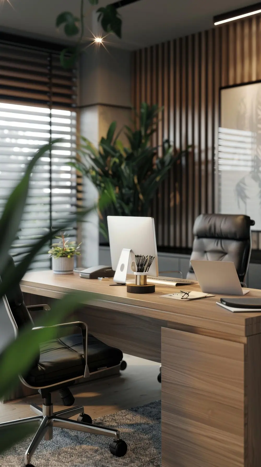 Escritório com mesa de madeira, cadeiras de couro e plantas