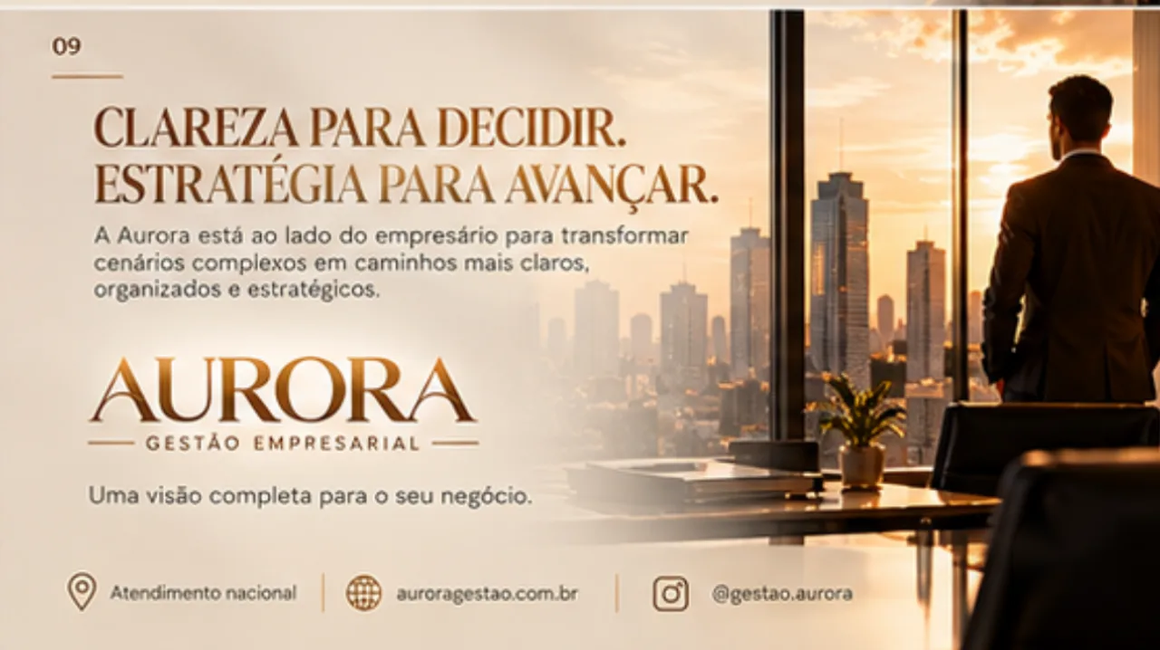 Clareza para decidir, estratégia para avançar. Atendimento nacional, auroragestãoempresarial.com.br, @gestao.aurora.